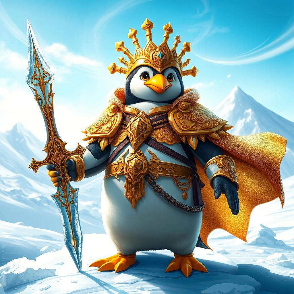 A majestic divine penguin warrior standing proudly on a snowy landscape