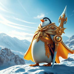 A majestic divine penguin warrior standing proudly on a snowy landscape