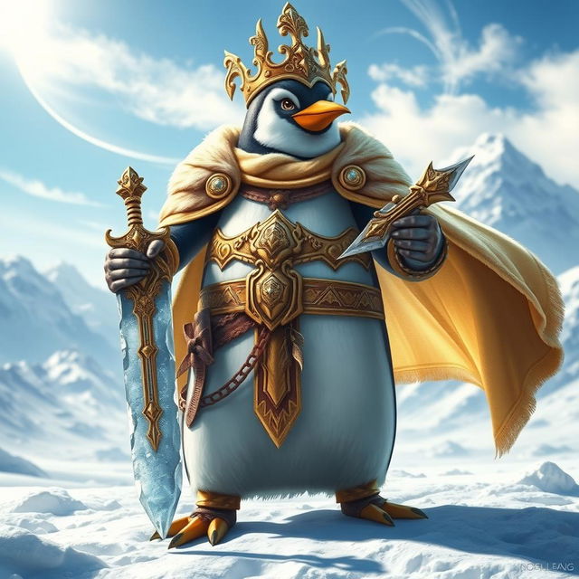 A majestic divine penguin warrior standing proudly on a snowy landscape