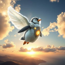 A whimsical air-made penguin warrior soaring through a sky filled with fluffy clouds