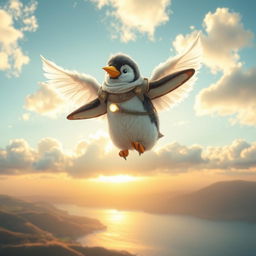 A whimsical air-made penguin warrior soaring through a sky filled with fluffy clouds