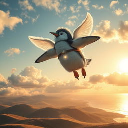 A whimsical air-made penguin warrior soaring through a sky filled with fluffy clouds