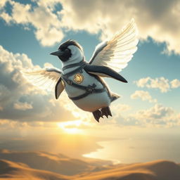 A whimsical air-made penguin warrior soaring through a sky filled with fluffy clouds
