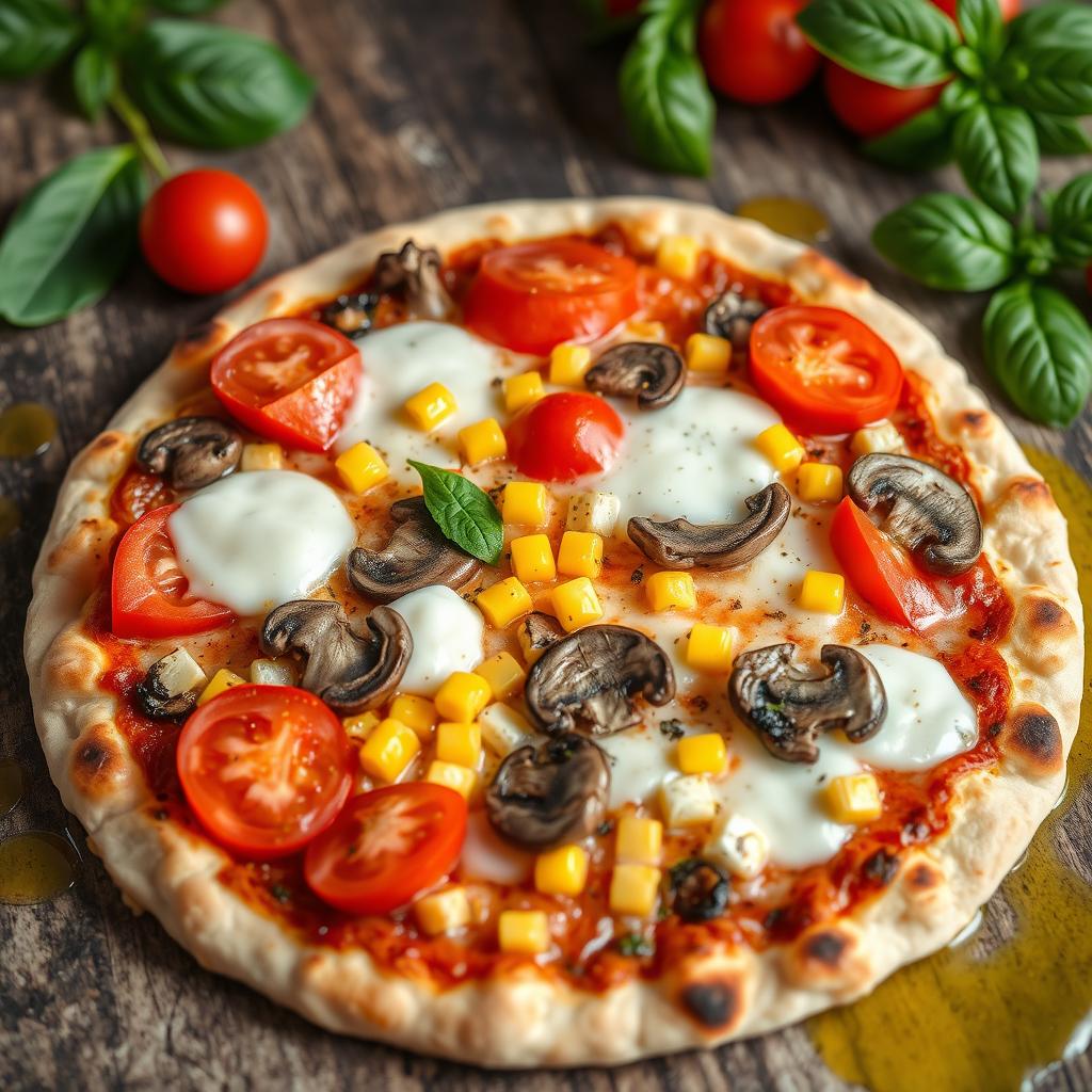 A delicious pizza topped with juicy, ripe tomatoes, sweet, buttery corn, and earthy, sliced mushrooms, all melted under a generous layer of gooey mozzarella cheese