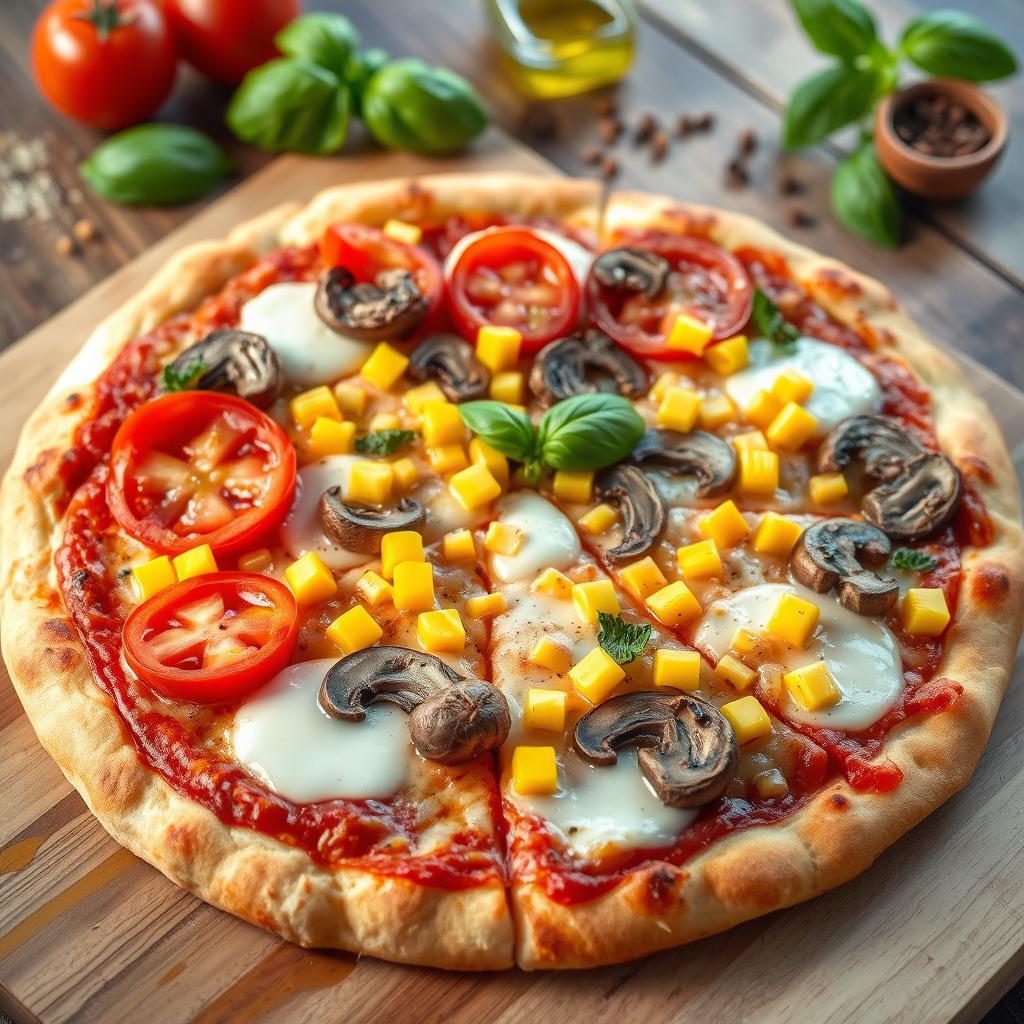 A delectable pizza topped with luscious, juicy tomatoes, sweet, golden corn, and earthy, sliced mushrooms, all lying beneath a thick layer of melted mozzarella cheese