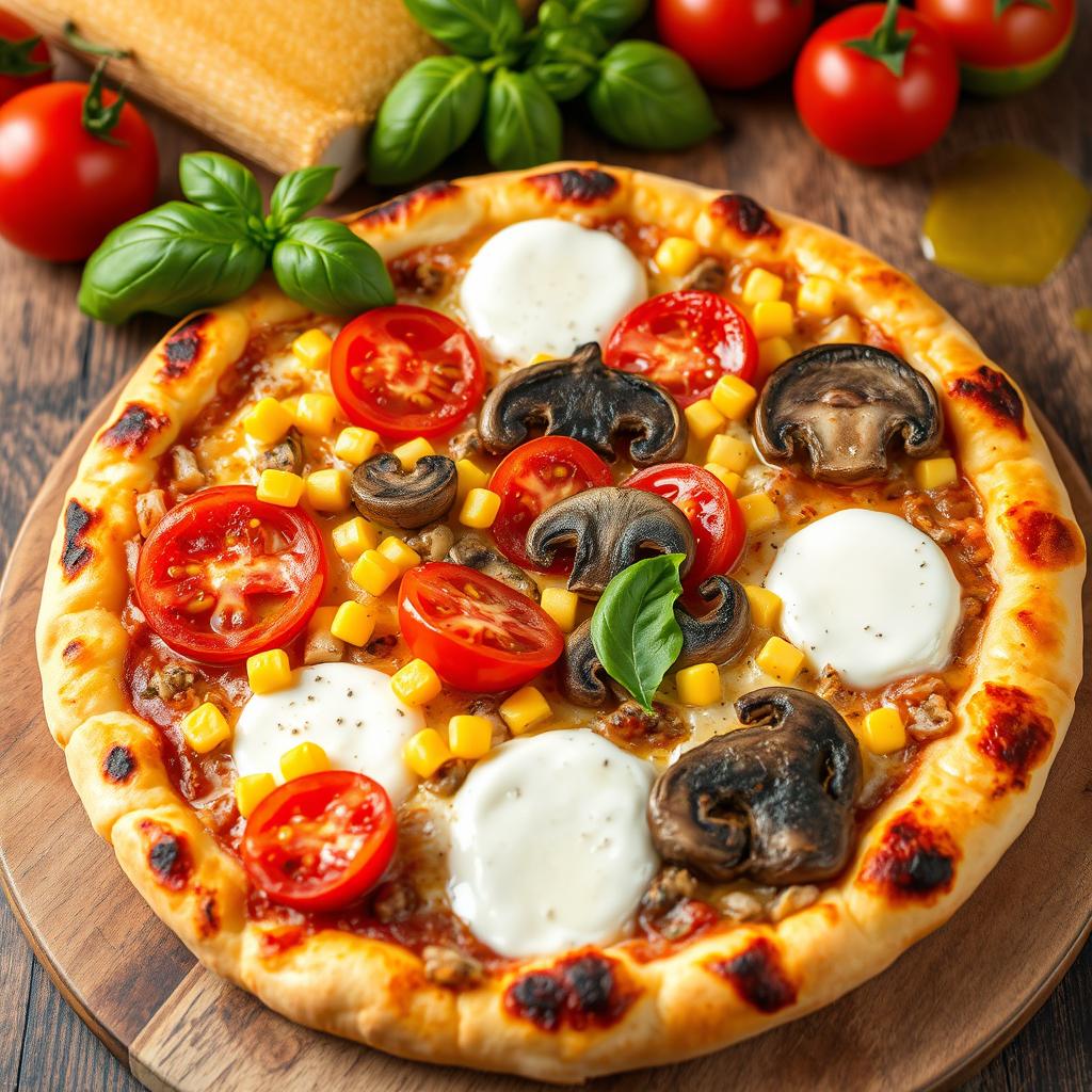 A beautifully crafted pizza topped with plump, juicy tomatoes, sweet golden corn, and earthy mushrooms, all cloaked beneath a bubbling layer of mozzarella cheese