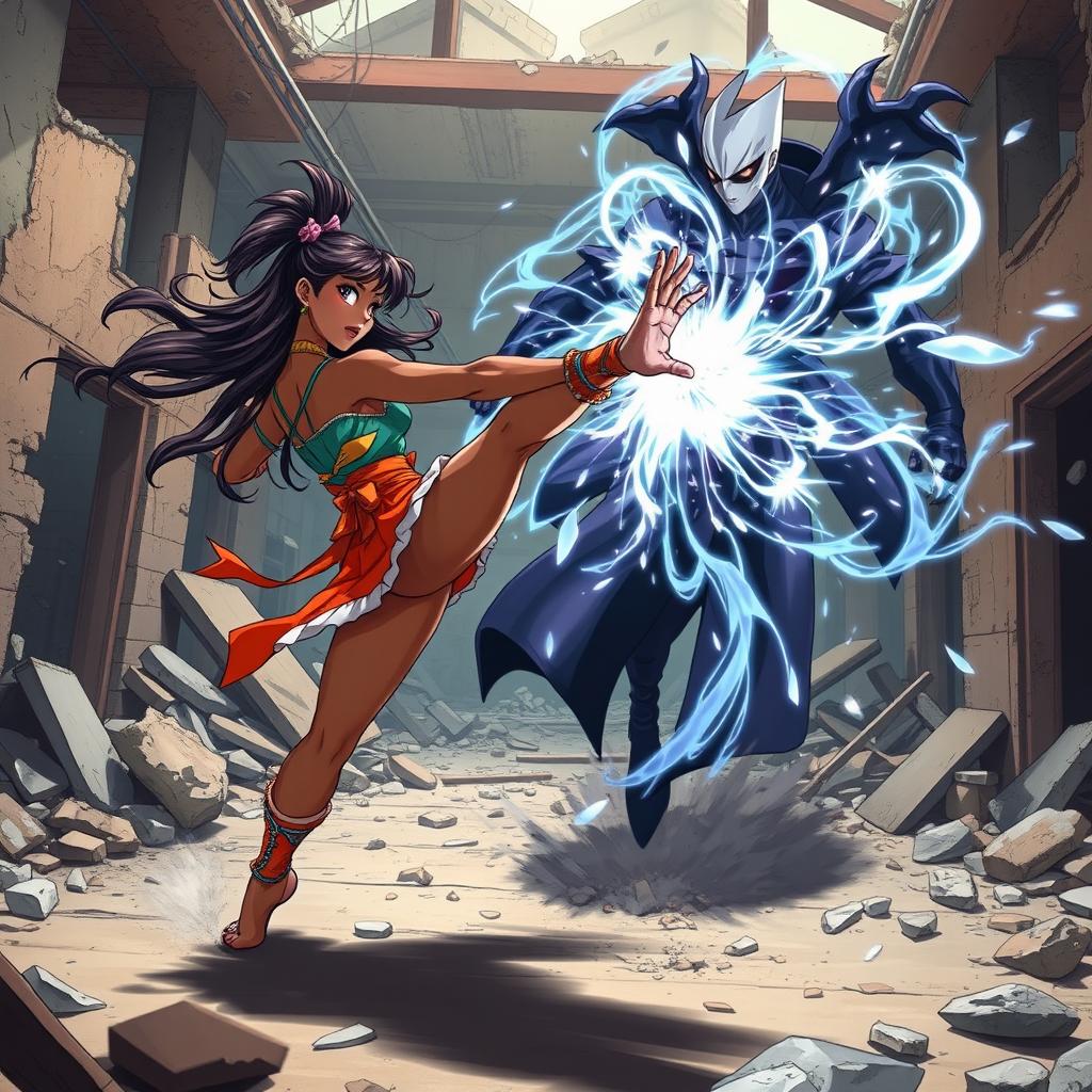 A dynamic scene featuring an anime-style brown skin girl, radiating confidence and energy, attempting a powerful kick towards a magic vampire