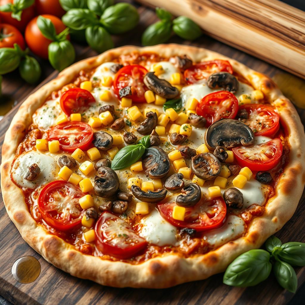A visually stunning pizza topped with luscious, juicy tomatoes, sweet and tender corn kernels, and earthy, sautéed mushrooms, all beneath a blanket of melted mozzarella cheese that is bubbling and golden