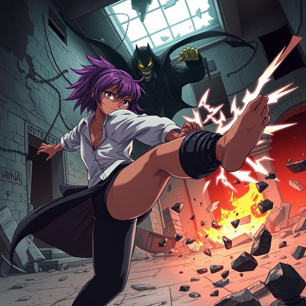 A thrilling anime-style scene showcasing a brown skin girl with striking purple hair, filled with determination, as she attempts a powerful kick towards a vampire