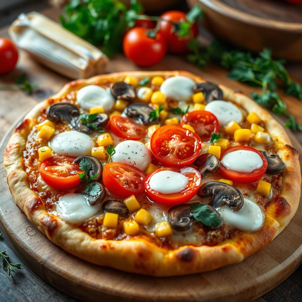 An enticing pizza topped with fresh, juicy tomatoes, plump sweet corn, and earthy mushrooms, all melted together under a layer of gooey mozzarella cheese