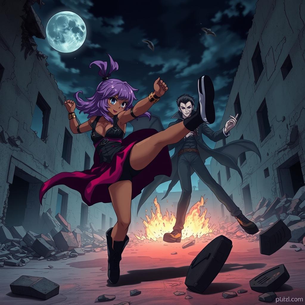 An engaging anime-style scene featuring a brown skin girl with enchanting purple hair, fiercely attempting to kick a vampire
