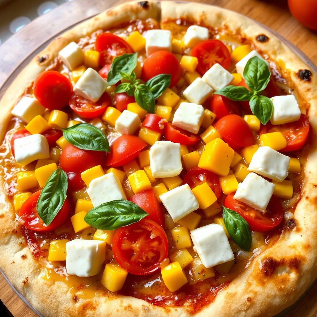 A delectable pizza featuring a colorful array of sweet corn and plump, juicy tomatoes paired with creamy, soft paneer cubes
