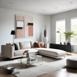 A modern styled living room with sleek furniture, minimalist decor, bright lighting, and contemporary art pieces.