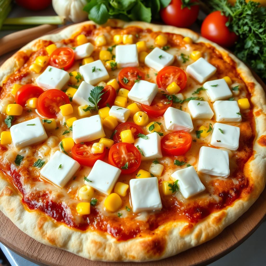 A delicious pizza featuring a vibrant topping of sweet corn and plump, juicy tomatoes paired with creamy paneer cubes