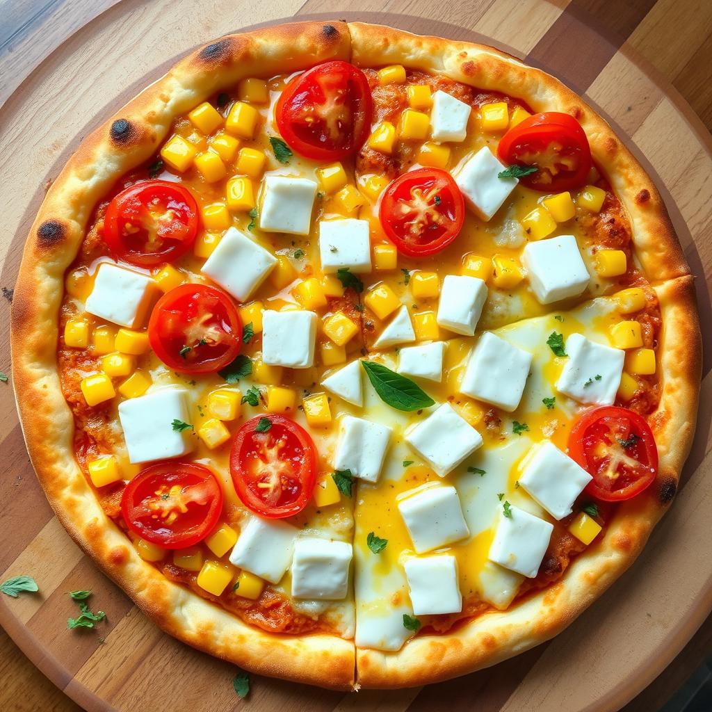 A mouth-watering pizza showcasing a colorful topping of sweet corn and juicy, ripe tomatoes combined with creamy paneer cubes