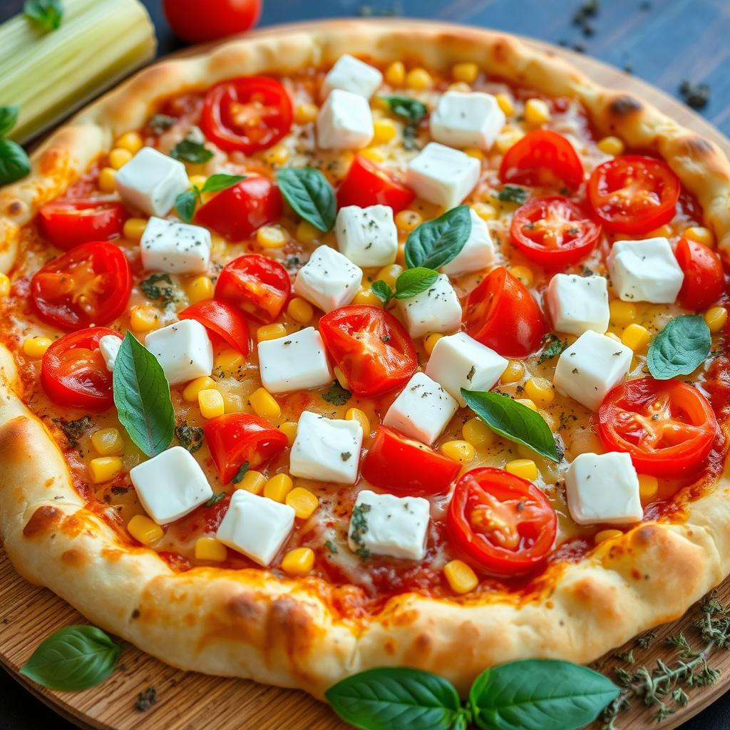 A mouth-watering pizza showcasing a vibrant topping of sweet corn and succulent, juicy tomatoes complemented by creamy paneer cubes