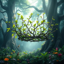 A stunning fantasy crown made of intertwined branches and vibrant green leaves, floating majestically in an enchanting forest