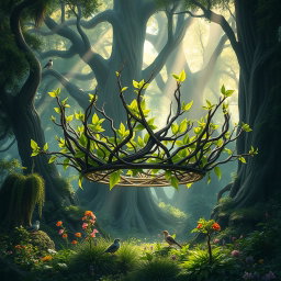 A stunning fantasy crown made of intertwined branches and vibrant green leaves, floating majestically in an enchanting forest