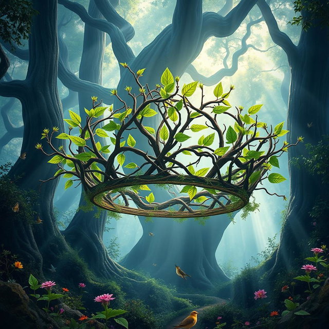 A stunning fantasy crown made of intertwined branches and vibrant green leaves, floating majestically in an enchanting forest