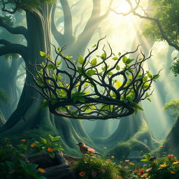 A stunning fantasy crown made of intertwined branches and vibrant green leaves, floating majestically in an enchanting forest