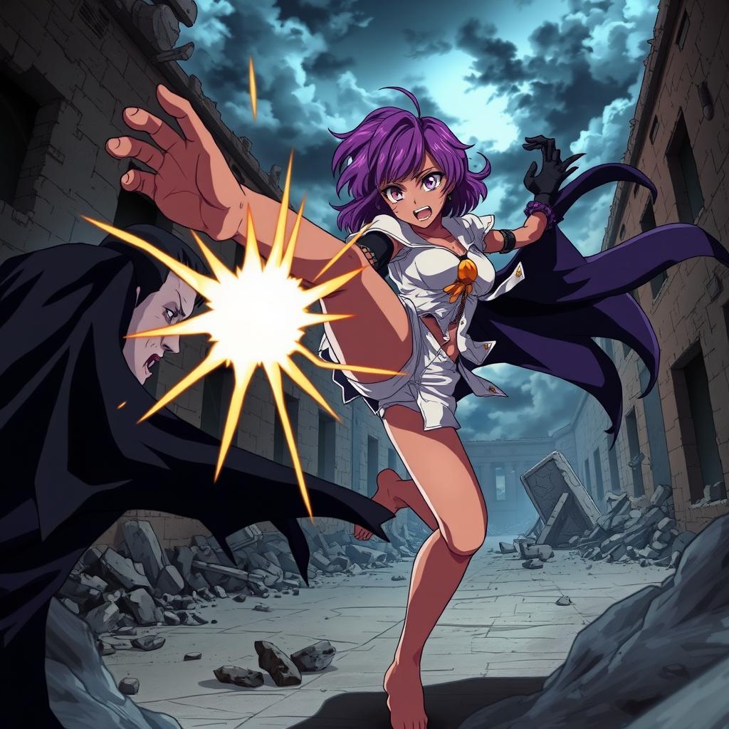 An action-packed anime scene featuring a brown skin girl with vibrant purple hair, executing a powerful kick towards a vampire
