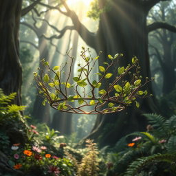 A beautifully crafted fantasy crown made of delicate branches and lush green leaves, gracefully floating in an enchanting forest