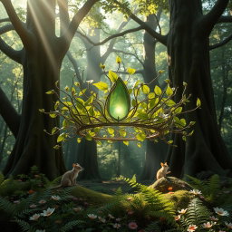 A beautifully crafted fantasy crown made of delicate branches and lush green leaves, gracefully floating in an enchanting forest