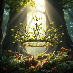 A beautifully crafted fantasy crown made of delicate branches and lush green leaves, gracefully floating in an enchanting forest