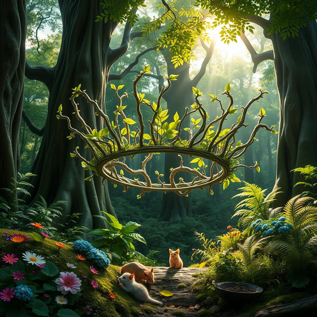 A beautifully crafted fantasy crown made of delicate branches and lush green leaves, gracefully floating in an enchanting forest