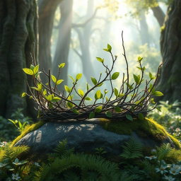 A realistic fantasy crown intricately crafted from intertwining branches and lush green leaves, set amidst a vibrant fantasy forest