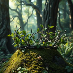 A realistic fantasy crown intricately crafted from intertwining branches and lush green leaves, set amidst a vibrant fantasy forest