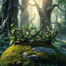A realistic fantasy crown intricately crafted from intertwining branches and lush green leaves, set amidst a vibrant fantasy forest