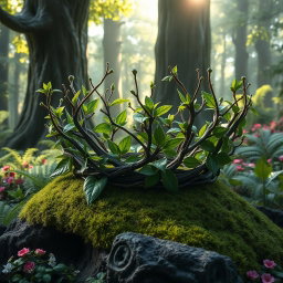 A realistic fantasy crown intricately crafted from intertwining branches and lush green leaves, set amidst a vibrant fantasy forest