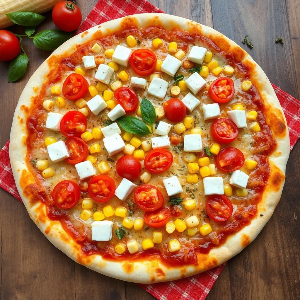 A delicious pizza featuring a base topped with fresh, sweet corn kernels and juicy red tomatoes, generously scattered across the surface