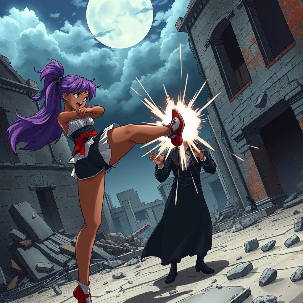 An exhilarating anime-style scene depicting a brown skin girl with vibrant purple hair, performing a powerful kick with her feet aimed at a vampire in mid-action