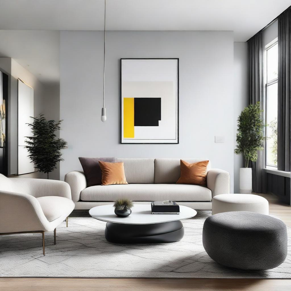 A modern styled living room with sleek furniture, minimalist decor, bright lighting, and contemporary art pieces.