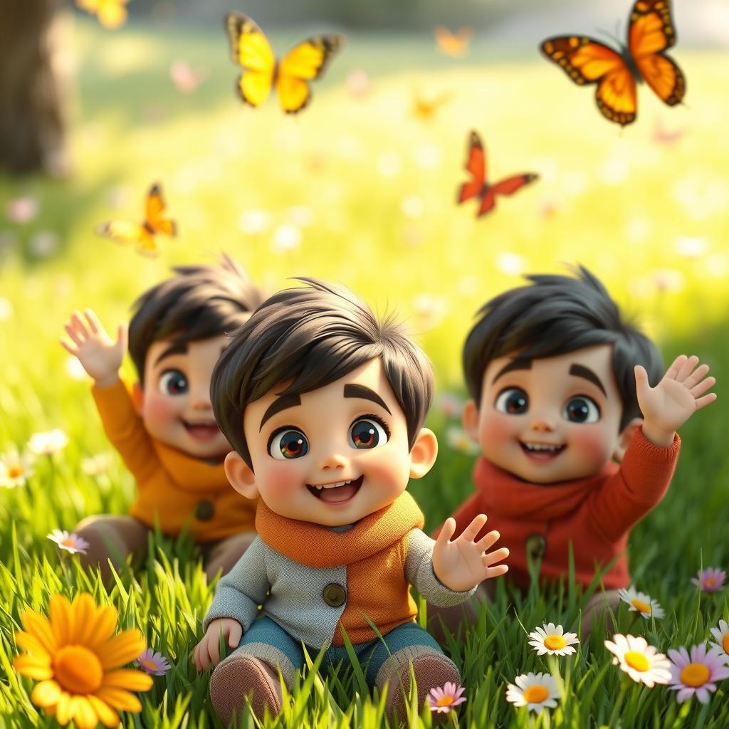 A 3D animated scene featuring several happy-faced baby boys of Iranian ethnicity, with brown hair and dark eyes