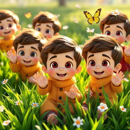 A 3D animated scene featuring several happy-faced baby boys of Iranian ethnicity, with brown hair and dark eyes