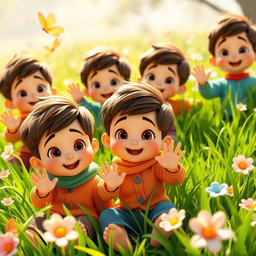 A 3D animated scene featuring several happy-faced baby boys of Iranian ethnicity, with brown hair and dark eyes