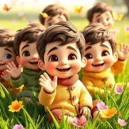 A 3D animated scene featuring several happy-faced baby boys of Iranian ethnicity, with brown hair and dark eyes