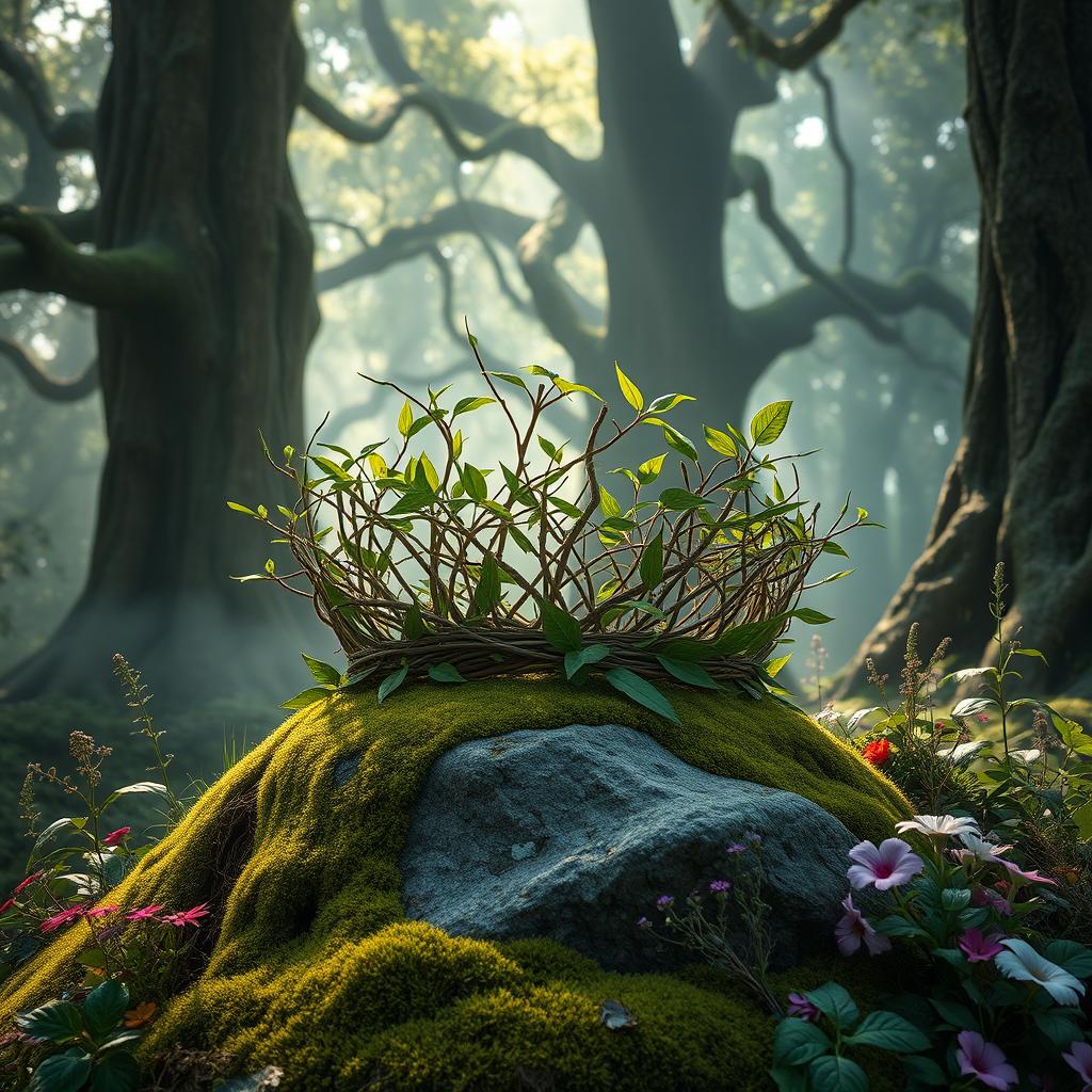 A highly detailed and realistic fantasy crown made of intricately woven branches and lush green leaves, set within a vibrant fantasy forest