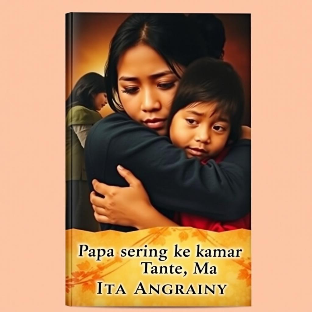 A poignant novel cover featuring a young woman with a sad expression, embracing her 5-year-old daughter tightly