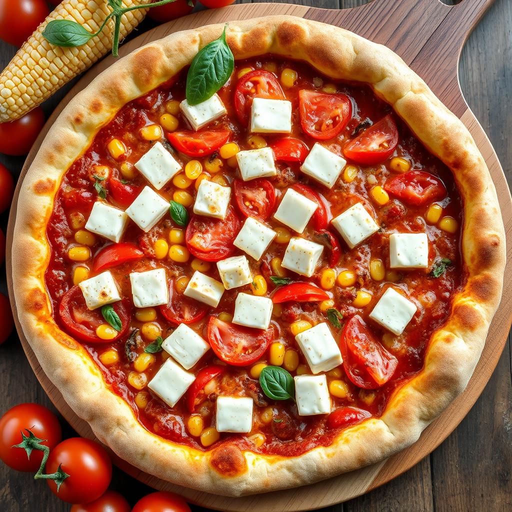 A mouth-watering pizza featuring a rich, flavorful base with sweet corn kernels and juicy, vibrant tomatoes
