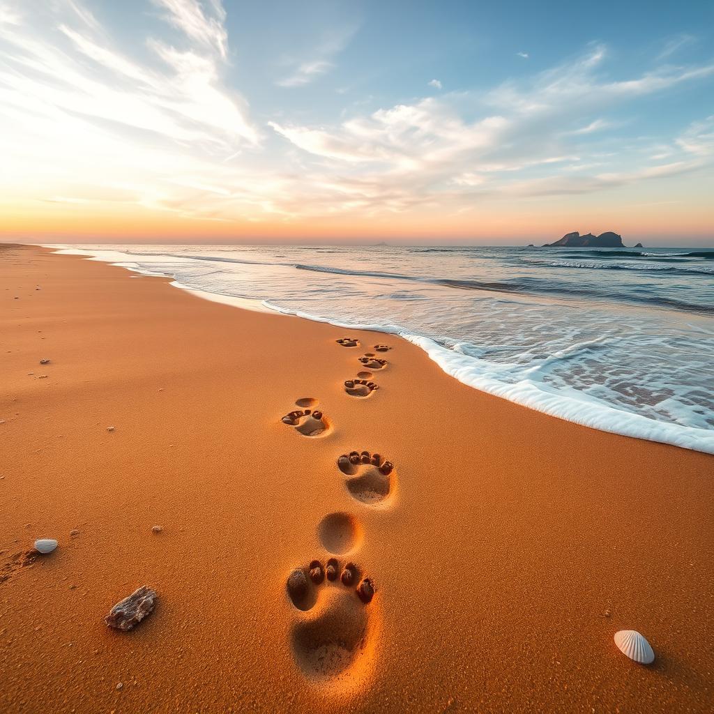 A serene beach scene with soft waves gently lapping at the shore, where the golden sand is adorned with several unique and detailed footprints leading away from the water