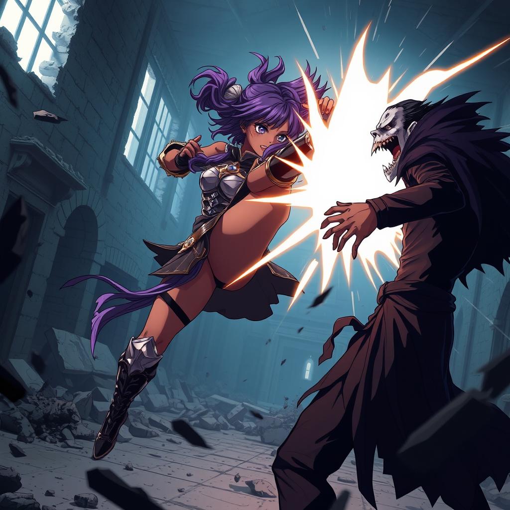 An electrifying anime scene featuring a brown skin girl with striking purple hair, dressed in a fierce warrior outfit, delivering a powerful kick to a vampire