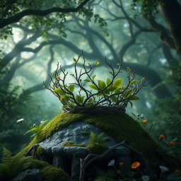 A realistic fantasy crown intricately designed with intertwined branches and vibrant green leaves, set within a captivating fantasy forest
