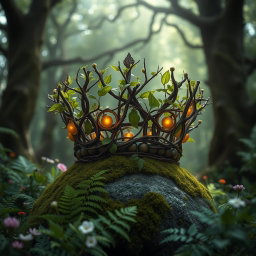 A realistic fantasy crown intricately designed with intertwined branches and vibrant green leaves, set within a captivating fantasy forest