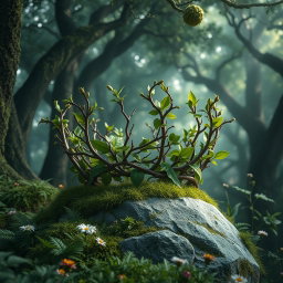 A realistic fantasy crown intricately designed with intertwined branches and vibrant green leaves, set within a captivating fantasy forest