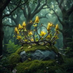 A realistic fantasy crown intricately designed with intertwined branches and vibrant green leaves, set within a captivating fantasy forest