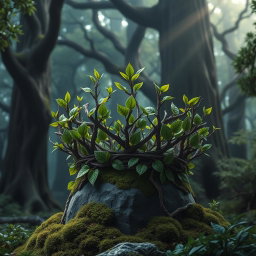 A highly detailed and realistic fantasy crown composed of an elaborate array of intertwining branches and vibrant green leaves, set in a mystical fantasy forest